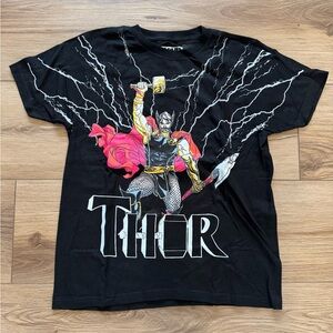 Marvel Unisex Adult's Thor Mjölnir & Lightning Retro T-Shirt Black Size XS